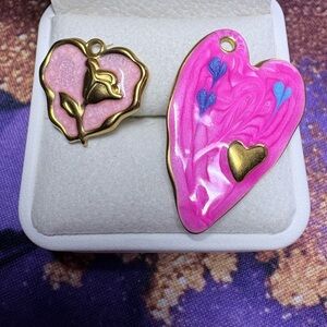 Pink Heart Pendant and Matching Charm Set with Gold Accents